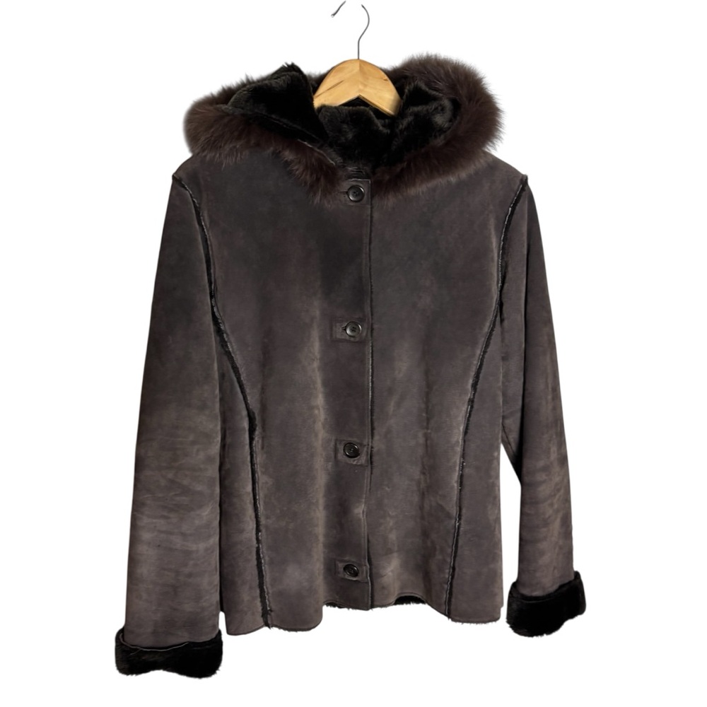 Damselle Y2K brown suede exposed stitching coat with genuine fur trim hood Small